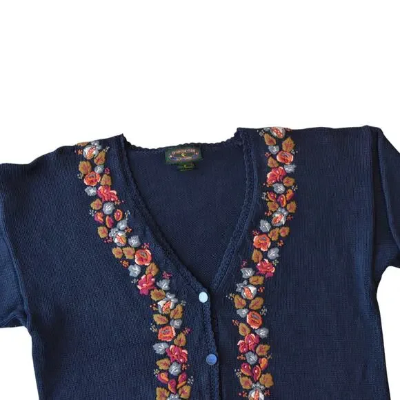 Vintage 80s Navy Blue Knit Cardigan Sweater with Floral Embroidery - Size Small - Picture 2 of 5